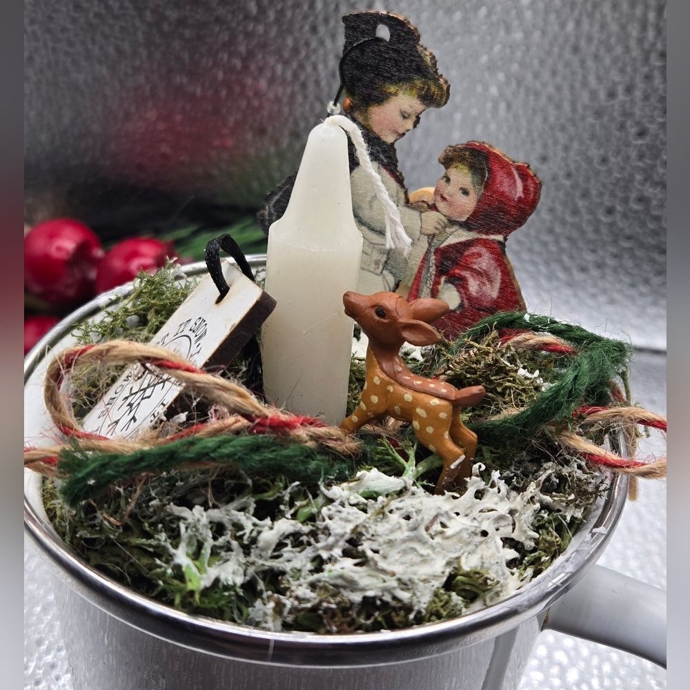 "5/$40" Vintage "HOLY-YAYS!" Enamelware White Mug Christmas Assemblage Mug Decor - Picture 3 of 7